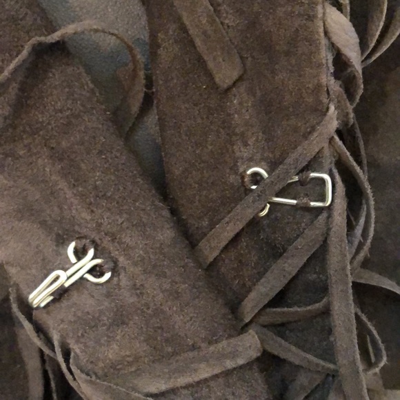 Chico’s Brown Leather Suede Collarless Jacket Coat Topper with Fringe Trim - Picture 12 of 16